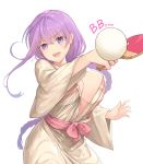  absurdres ball bangs bath_yukata bb_(fate)_(all) bb_(fate/extra_ccc) blush bow braid breasts character_name cleavage eyebrows_visible_through_hair fate/grand_order fate_(series) head_tilt highres holding huyou_(awegk) japanese_clothes kimono large_breasts long_hair long_sleeves looking_at_viewer open_mouth paddle purple_eyes purple_hair round_teeth sash simple_background single_braid smile solo sweat sweatdrop table_tennis table_tennis_ball table_tennis_paddle teeth traditional_clothes very_long_hair white_background wide_sleeves yukata 