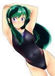  absurdres armpits arms_behind_head arms_up black_swimsuit blue_eyes collarbone commentary_request competition_swimsuit covered_navel cowboy_shot green_hair highres horns long_hair looking_at_viewer lum makeup nanao_futaba one-piece_swimsuit pointy_ears simple_background smile solo swimsuit urusei_yatsura white_background 
