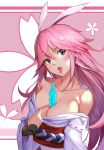  :p absurdres animal_ears arm_guards bangs bare_shoulders benghuai_xueyuan between_breasts blush breasts bunny_ears cherry_blossoms hair_between_eyes head_tilt highres honkai_impact japanese_clothes kimono kimono_pull large_breasts long_hair looking_at_viewer m_chant obi off_shoulder open_mouth pink_hair purple_eyes ribbon-trimmed_sleeves ribbon_trim rope sash sexually_suggestive shimenawa solo tongue tongue_out upper_body very_long_hair white_kimono yae_sakura_(benghuai_xueyuan) 