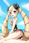  artist_name beach black_bow blonde_hair blue_sky blush bow cloud commentary day elise_(fire_emblem_if) fire_emblem fire_emblem_heroes fire_emblem_if from_side hair_bow highres long_hair looking_to_the_side multicolored_hair obakeart one-piece_swimsuit open_mouth outdoors purple_eyes purple_hair sitting sky solo swimsuit torn_clothes torn_swimsuit twintails water 