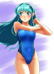  absurdres blue_eyes blue_swimsuit competition_swimsuit covered_navel cowboy_shot green_hair highres horns long_hair looking_to_the_side lum makeup nanao_futaba one-piece_swimsuit pointy_ears smile solo stretch swimsuit two-tone_background urusei_yatsura 