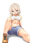  abs bare_shoulders blue_eyes blush breasts camisole collarbone crop_top denim denim_shorts eyebrows_visible_through_hair hair_between_eyes highres jeans knee_up leaning_back looking_at_viewer medium_breasts midriff murata_taichi navel open_mouth original pants shoes short_shorts shorts sidelocks simple_background sitting sleeveless solo spread_legs toned unbuttoned underboob white_hair 
