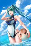  :d aqua_eyes aqua_hair ball bangs bare_arms bare_shoulders beachball bird blue_sky breasts cloud cloudy_sky commentary covered_navel day fingernails hair_between_eyes high_ponytail highres large_breasts long_hair one-piece_swimsuit open_mouth outdoors pneuma_(xenoblade_2) ponytail redpoke seagull sky smile solo spoilers swimsuit teeth thighs tiara tora_(xenoblade) very_long_hair wading water xenoblade_(series) xenoblade_2 