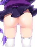  ass ass_focus black_jacket black_skirt braid close-up commentary crop_top crop_top_overhang cropped_jacket eltnum from_behind jacket long_braid long_hair lower_body melty_blood miniskirt panties pantyshot pantyshot_(standing) pink_panties pleated_skirt purple_hair purple_sweater single_braid sion_eltnam_atlasia skindentation skirt solo standing suzuna_(najaran) sweater thighhighs thighs thong tsukihime under_night_in-birth underwear upskirt very_long_hair vest white_background white_legwear 