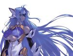  android bare_shoulders blue_eyes blue_hair breasts closed_mouth eyebrows_visible_through_hair floating_hair forehead_protector highres kos-mos kos-mos_ver._4 large_breasts long_hair midriff negresco simple_background solo underboob underboob_cutout very_long_hair white_background xenosaga xenosaga_episode_iii 