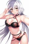  ahoge arched_back bangs bare_arms bikini black_bikini black_choker blush breasts choker cleavage collarbone commentary_request cowboy_shot eyebrows_visible_through_hair fate/grand_order fate_(series) hair_between_eyes hand_up harimoji jeanne_d'arc_(alter_swimsuit_berserker) jeanne_d'arc_(fate)_(all) long_hair looking_at_viewer medium_breasts nervous_smile o-ring o-ring_bikini o-ring_bottom o-ring_top open_mouth outstretched_arm reaching_out self_shot silver_hair simple_background solo standing swimsuit v very_long_hair wavy_mouth white_background yellow_eyes 