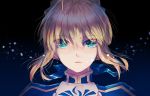  ahoge aqua_eyes artoria_pendragon_(all) blonde_hair blue_ribbon eyebrows_visible_through_hair fate/stay_night fate_(series) floating_hair gradient gradient_background hair_between_eyes hair_ribbon looking_at_viewer parted_lips portrait ribbon ro96cu saber shiny shiny_hair short_hair solo tied_hair 