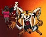  2018 aggressive_retsuko anthro ape avian beak bird clothed clothing dress eyes_closed female fur gori_(aggressive_retsuko) gorilla hi_res mammal primate red_panda retsuko sanrio secretary_bird struggle-bus teeth washimi 