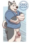  2018 anthro balls biceps big_balls black_nose blue_eyes bottomless bruteandbrawn butt canine chest_tuft clothed clothing crossed_arms dog flaccid foreskin head_tuft humanoid_penis inner_ear_fluff male mammal muscular muscular_male open_mouth penis pubes solo tuft uncut v-neck 