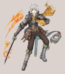  bag belt boots breastplate brown_pants commentary_request copyright_request gauntlets grey_background grey_hair holding holding_sword holding_weapon male_focus nagi_itsuki pants parted_lips pointy_ears red_eyes scarf simple_background solo sword weapon yellow_scarf 