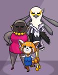  2018 aggressive_retsuko anthro ape avian beak bird clothed clothing dress eyes_closed female fur gori_(aggressive_retsuko) gorilla hi_res mammal one_eye_closed primate red_panda retsuko sanrio secretary_bird struggle-bus washimi wink 