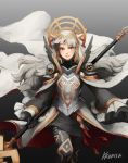  armor artist_name black_armor black_gloves cape closed_mouth crown fire_emblem fire_emblem_heroes gloves grey_background grey_hair hair_ornament highres holding holding_staff kkonisa long_hair long_sleeves red_eyes shoulder_armor simple_background solo staff veronica_(fire_emblem) 