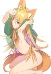  ahoge animal_ears barefoot blonde_hair commentary_request flat_chest fox_ears fox_girl fox_tail from_side hair_censor hands_up kneeling koyoi_mitsuki long_hair looking_at_viewer looking_to_the_side nude original parted_lips pink_eyes simple_background sketch smile solo tail white_background 