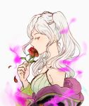  artist_name aura commentary dark_aura english_commentary female_my_unit_(fire_emblem:_kakusei) fire_emblem fire_emblem:_kakusei fire_emblem_heroes flower from_side gimurei highres holding holding_flower my_unit_(fire_emblem:_kakusei) petals red_eyes sasaki_(dkenpisss) simple_background solo twintails white_background white_hair 