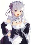  :o absurdres alternate_costume apron blush breasts cleavage cosplay detached_sleeves dress emilia_(re:zero) enmaided frill_trim hair_ribbon hairband hands_on_hips highres large_breasts lolita_hairband long_hair long_sleeves maid matsui_hiroaki pointy_ears purple_eyes re:zero_kara_hajimeru_isekai_seikatsu rem_(re:zero) rem_(re:zero)_(cosplay) ribbon scan sidelocks silver_hair solo sweatdrop waist_apron wide_sleeves 