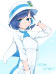  blue_eyes blue_hair bubukka character_name closed_mouth eyebrows_visible_through_hair gloves hat long_sleeves looking_at_viewer short_hair smile solo suntory suntory_nomu virtual_youtuber white_gloves white_hat 