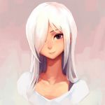  closed_mouth collarbone dress grey_background grey_eyes hair_over_one_eye happy light_blush long_neck looking_at_viewer one_eye_covered oopartz_yang original portrait simple_background smile solo uma_(oopartz_yang) white_dress white_hair 