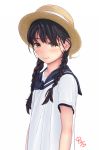  aoi_kumiko arms_at_sides bangs blush braid brown_eyes brown_hat closed_mouth fedora hair_tie hat highres long_hair looking_at_viewer original pink_lips sailor_collar shirt short_sleeves signature simple_background smile solo twin_braids upper_body white_background white_sailor_collar white_shirt 