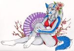  2017 4_toes 5_fingers anthro arctic_fox biped blue_eyes blue_fur blue_lips blue_markings blue_tail bra braided_hair branch breasts canine cherry_blossom cleavage clothed clothing countershade_tail countershade_torso countershading directional_arrow eyelashes facial_markings female flower flower_in_hair fox frilly full-length_portrait fur grey_fur grey_nose hair holding_leg humanoid_hands inner_ear_fluff lingerie long_hair looking_at_viewer mammal markings medium_breasts midriff multicolored_fur panties pigtails pinup plant portrait pose q-nik raised_leg simple_background sitting skimpy smile snout solo svetlana_snowpaw toes traditional_media_(artwork) twin_braids two_tone_tail umbrella underwear wagasa white_background white_countershading white_fur white_hair white_tail 