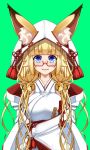  amino_dopple animal_ear_fluff animal_ears bangs bell blonde_hair blue_eyes blunt_bangs blush breasts closed_mouth ears_through_headwear eyebrows_visible_through_hair fox_ears fox_tail green_background hair_bell hair_ornament hood hood_up jingle_bell large_breasts long_hair long_sleeves looking_at_viewer low_twintails off_shoulder original red-framed_eyewear semi-rimless_eyewear short_eyebrows smile solo tail twintails under-rim_eyewear upper_body 