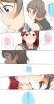  blue_eyes blush brown_hair cellphone comic face-to-face finger_to_another's_mouth flying_sweatdrops hair_between_eyes highres holding holding_cellphone holding_phone imminent_kiss long_hair love_live! love_live!_sunshine!! multiple_girls open_mouth parted_lips phone red_hair sailor_collar sakurauchi_riko short_hair smartphone thought_bubble translation_request watanabe_you white_background yellow_eyes yuchi_(salmon-1000) yuri 