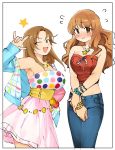  :3 \m/ armpits bangs bare_shoulders bead_bracelet beads blush bracelet breasts brown_eyes brown_hair cardigan commentary cosplay costume_switch denim embarrassed english_commentary eyebrows_visible_through_hair flying_sweatdrops green_eyes hair_down idolmaster idolmaster_cinderella_girls jeans jewelry large_breasts long_hair matsumoto_sarina matsumoto_sarina_(cosplay) midriff miridereningen moroboshi_kirari moroboshi_kirari_(cosplay) multiple_girls off_shoulder one_eye_closed open_cardigan open_clothes pants pendant polka_dot simple_background skirt standing star strapless tubetop wavy_hair white_background 