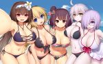  :d absurdres ahoge asamura_hiori bangs bare_arms bare_shoulders bikini black-framed_eyewear black_bikini black_hairband blonde_hair blue_eyes blue_sky blush braid breasts brown_hair cleavage cloud collarbone commentary_request covered_navel day dress dress_swimsuit eyebrows_visible_through_hair fate/grand_order fate_(series) flower foreshortening glasses green_eyes groin hair_between_eyes hair_bun hair_flower hair_ornament hair_over_one_eye hairband hands_up head_tilt highres jeanne_d'arc_(alter_swimsuit_berserker) jeanne_d'arc_(fate)_(all) jeanne_d'arc_(swimsuit_archer) katsushika_hokusai_(fate/grand_order) lady_foxy large_breasts leaning_forward long_hair looking_at_viewer magatama magatama_necklace mash_kyrielight multiple_girls navel open_mouth osakabe-hime_(fate/grand_order) outdoors outstretched_arm painting_summer pale_skin purple_bikini purple_eyes reaching_out side-tie_bikini side_bun silver_hair single_braid sky smile swimsuit swimsuit_of_perpetual_summer very_long_hair white_dress white_flower white_hairband 