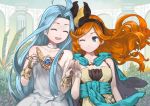  :d ;) ^_^ ahoge bare_shoulders blue_cape blue_eyes blue_hair breasts bridal_gauntlets cape cleavage closed_eyes closed_mouth commentary_request dress eyebrows_visible_through_hair floating_hair granblue_fantasy hairband hands_up lyria_(granblue_fantasy) multiple_girls nagi_itsuki one_eye_closed open_mouth orange_hair sara_(granblue_fantasy) smile white_dress 