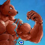  &lt;3 5_fingers abs animated anthro biceps black_nose blue_background canine claws fangs flexing male mammal muscular muscular_male pecs simple_background solo speech_bubble sweat triceps waddledox 