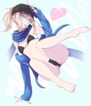  artoria_pendragon_(all) barefoot bikini black_bikini black_hat blonde_hair blue_eyes blue_nails blue_scarf breasts cameltoe cleavage fate/grand_order fate_(series) floating_hair food full_body hair_between_eyes hand_on_headwear hat head_tilt heart highres ice_cream long_hair looking_at_viewer mouth_hold mysterious_heroine_x nail_polish navel ponytail scarf scarlet_zel small_breasts solo swimsuit toenail_polish underboob 