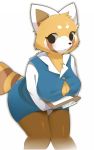  2018 aggressive_retsuko anthro big_breasts black_eyes blush breasts clothed clothing facial_markings faeki female fur leaning leaning_forward legwear mammal markings orange_fur panties portrait red_panda retsuko ringed_tail simple_background skirt solo standing stockings three-quarter_portrait underwear wardrobe_malfunction white_background white_fur 