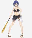  baseball_bat bikini black_bikini blue_hair breasts commentary_request full_body groin highres large_breasts looking_at_viewer meshiya_(naruga-501-kuaru) navel nijisanji sandals sarong shizuka_rin short_hair smile solo standing swimsuit thigh_strap virtual_youtuber white_background yellow_eyes 