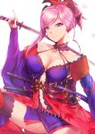  asymmetrical_hair bangs black_legwear breasts cleavage collarbone covered_nipples detached_sleeves earrings fate/grand_order fate_(series) hair_ornament high_ponytail highres hiroki_ree holding holding_sword holding_weapon jewelry katana long_hair looking_at_viewer magatama_necklace medium_breasts miyamoto_musashi_(fate/grand_order) parted_bangs pink_hair purple_eyes short_ponytail simple_background smile solo sword thighhighs weapon white_background 