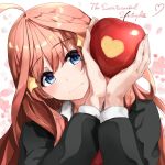  absurdres ahoge apple black_jacket blue_eyes blush closed_mouth commentary_request fingernails food fruit fuu_(fuore) go-toubun_no_hanayome hair_ornament hands_up head_tilt heart highres holding jacket long_hair looking_at_viewer nakano_itsuki pink_hair red_apple red_neckwear school_uniform solo star star_hair_ornament upper_body 