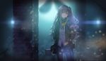  armband bangs black_ribbon black_skirt blurry blurry_background brown_hair city_lights closed_mouth commentary_request exoskeleton eyebrows_visible_through_hair girls_frontline gloves hair_between_eyes hair_ornament hands_in_pockets head_tilt highres hood hood_down hooded_jacket jacket katee light_particles long_hair looking_at_viewer neck_ribbon night one_side_up open_clothes open_jacket outdoors pantyhose pleated_skirt ribbon scar scar_across_eye scarf shirt sidelocks skirt smile solo ump45_(girls_frontline) untucked_shirt wavy_hair white_shirt yellow_eyes 