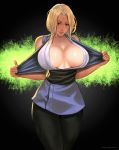  bangs bare_shoulders blonde_hair blush breasts brown_eyes cleavage closed_mouth collarbone covered_nipples exhibitionism facial_mark forehead_mark huge_breasts looking_at_viewer mature naruto_(series) rejean_dubois shiny shiny_skin sidelocks standing tsunade 