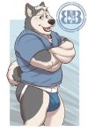 2018 anthro biceps black_nose blue_eyes bruteandbrawn canine clothing crossed_arms dog jockstrap male mammal muscular muscular_male open_mouth solo underwear v-neck 