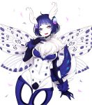  :d antennae ass_visible_through_thighs bare_hips bob_cut breasts commentary cowboy_shot english_commentary fur_collar groin half-closed_eyes insect_girl large_breasts looking_at_viewer monster_girl moth_girl moth_wings open_mouth original purple_eyes purple_fur purple_hair short_hair simple_background smile solo standing terupancake thigh_gap white_background white_fur white_skin white_wings wings 