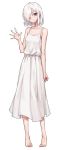  bare_arms bare_shoulders barefoot closed_mouth dress full_body grey_eyes hand_up highres long_dress looking_at_viewer oopartz_yang original pigeon-toed short_hair simple_background smile solo sundress waving white_background white_dress white_hair 