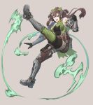  :d armored_boots boots bow brown_hair commentary_request copyright_request floating_hair green_bow green_eyes grey_background hair_bow long_hair looking_at_viewer nagi_itsuki open_mouth ponytail simple_background smile solo thigh_boots thighhighs 