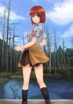  :d akatsuki_miho akemiho_tabi_nikki black_legwear blue_eyes blue_sky brown_hair clothes_around_waist day eyebrows_visible_through_hair forest from_behind highres jacket_around_waist kouno_hikaru looking_at_viewer looking_back nature open_mouth outdoors short_hair skirt sky smile socks solo standing tree 