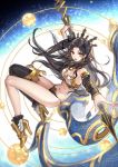  black_hair black_legwear black_panties boots breasts cleavage commentary_request crown detached_sleeves fate/grand_order fate_(series) floating_hair heavenly_boat_maanna high_heel_boots high_heels highres holding ishtar_(fate/grand_order) kangetsu_(fhalei) long_hair long_sleeves medium_breasts navel open_mouth panties red_eyes single_thighhigh solo strapless thighhighs tubetop two_side_up underwear 