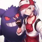  backpack bag baseball_cap black_gloves choker closed_mouth commentary_request cropped_jacket female_protagonist_(pokemon_go) fingerless_gloves gen_1_pokemon gengar gloves grin hair_over_one_eye hat long_hair looking_at_another looking_at_viewer looking_to_the_side oopartz_yang original pokemon pokemon_(creature) pokemon_go ponytail red_sclera silver_eyes sleeves_past_elbows smile uma_(oopartz_yang) v white_hair 