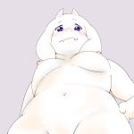  2018 absurd_res anthro areola breasts caprine ekubo female fur goat half-length_portrait hand_on_hip hi_res horn looking_at_viewer looking_down low-angle_view mammal navel nipples nude portrait purple_eyes simple_background solo toriel undertale video_games white_fur 