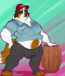  anthro bulge canine clothed clothing hat looking_at_viewer male mammal marlon.cores navel nipple_bulge overweight overweight_male solo standing sweat 