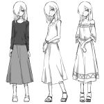  bare_shoulders blouse commentary_request greyscale hair_over_one_eye highres long_hair long_sleeves monochrome multiple_views one_eye_covered oopartz_yang original sandals shirt shoes simple_background skirt smile standard_bearer standing uma_(oopartz_yang) white_background 