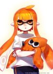  ahoge bangs black_pants blunt_bangs blush commentary cowboy_shot domino_mask english_commentary holding inkling long_hair looking_at_viewer mask nose_blush orange_eyes pale_skin pants parted_lips pointy_ears shirt short_sleeves solo splatoon_(series) tentacle_hair terupancake white_background white_shirt 