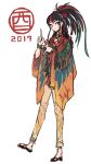  2017 absurdres aqua_eyes bird black_hair bracelet chicken chinese_zodiac choker closed_mouth commentary english_commentary feathers flower full_body hair_flower hair_ornament headdress highres jewelry long_hair looking_at_viewer multicolored_hair nail_polish native_american native_american_headdress oopartz_yang original poncho red_hair red_nails rooster sketch smile solo streaked_hair two-tone_hair year_of_the_rooster 
