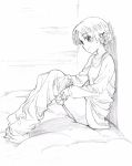  bed braid commentary_request eyebrows_visible_through_hair from_side girls_und_panzer graphite_(medium) greyscale highres long_sleeves monochrome on_bed orange_pekoe pink_x scan shirt sitting smile solo traditional_media undressing 
