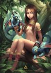  anklet armlet bangs bare_shoulders barefoot brown_eyes brown_hair closed_mouth commentary day deviantart_username dragon english_commentary forest hair_censor hair_over_breasts jewelry long_hair looking_at_viewer nature nude oopartz_yang original outdoors parted_bangs smile solo tree 
